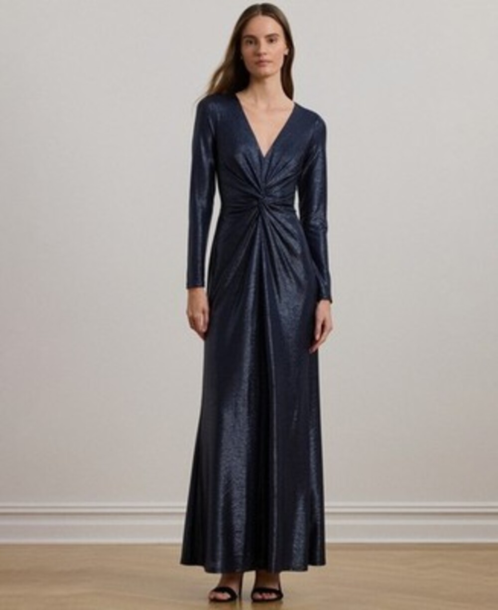 Lauren Ralph Lauren Metallic Knit Twist-Front Gown Women's 16 Navy Zip Closure